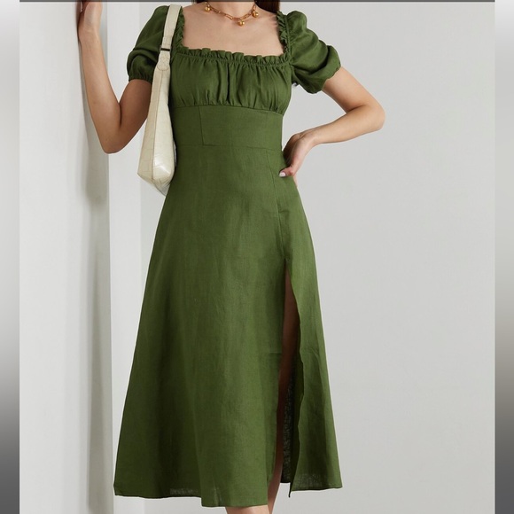 Reformation Jacqueline Linen Dress in Moss - Picture 1 of 7